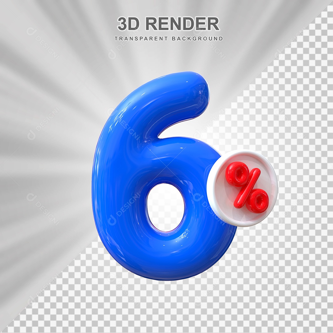 Número de Desconto 6% Elemento 3D Azul para Composição PSD