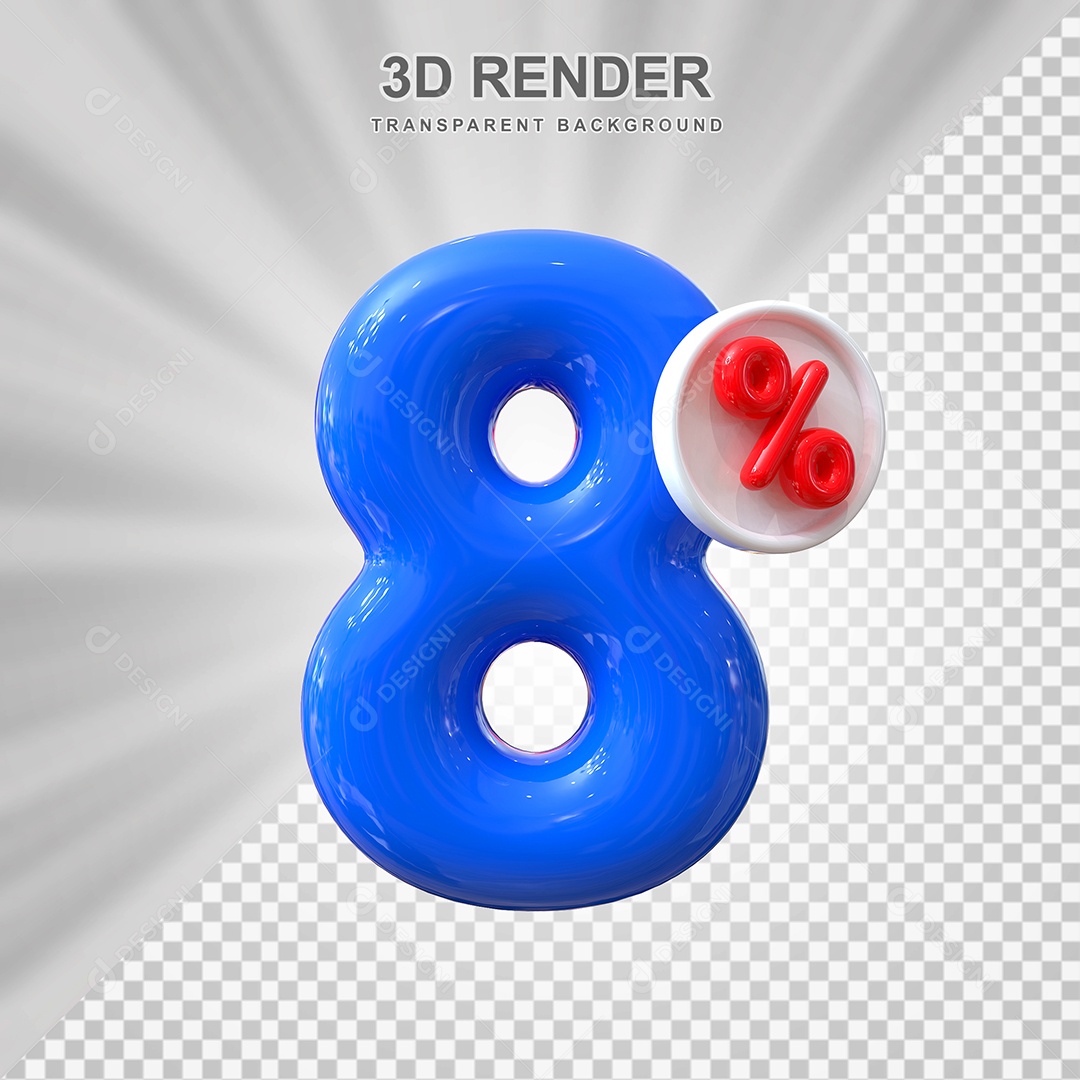 Número de Desconto 8% Elemento 3D Azul para Composição PSD