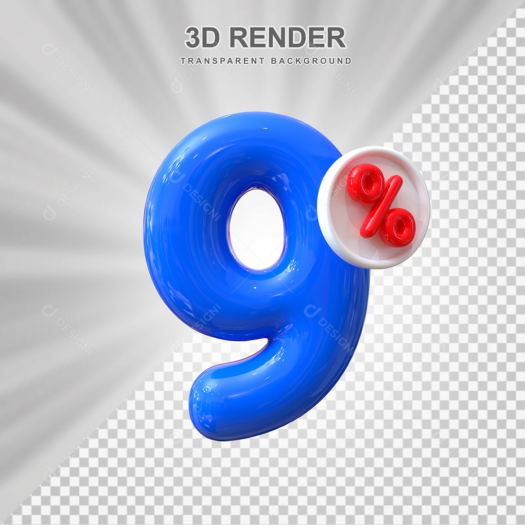 Número de Desconto 9% Elemento 3D Azul para Composição PSD