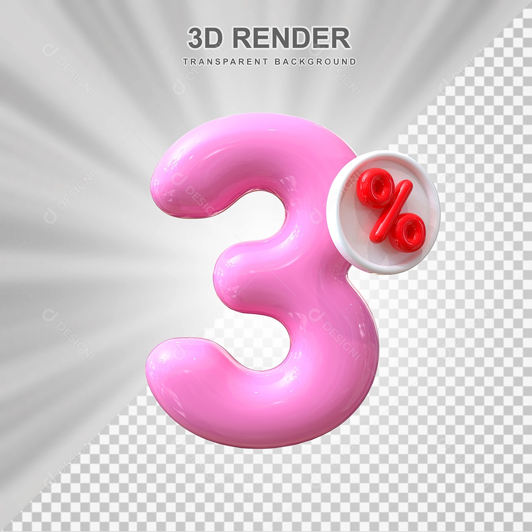 Número de Desconto 3% Elemento 3D Rosa para Composição PSD