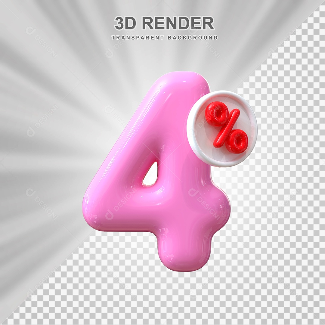 Número de Desconto 4% Elemento 3D Rosa para Composição PSD