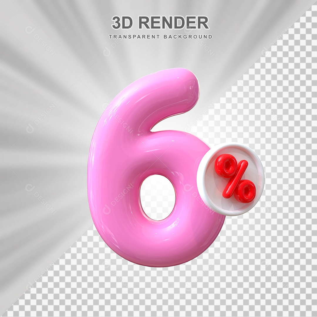 Número de Desconto 6% Elemento 3D Rosa para Composição PSD
