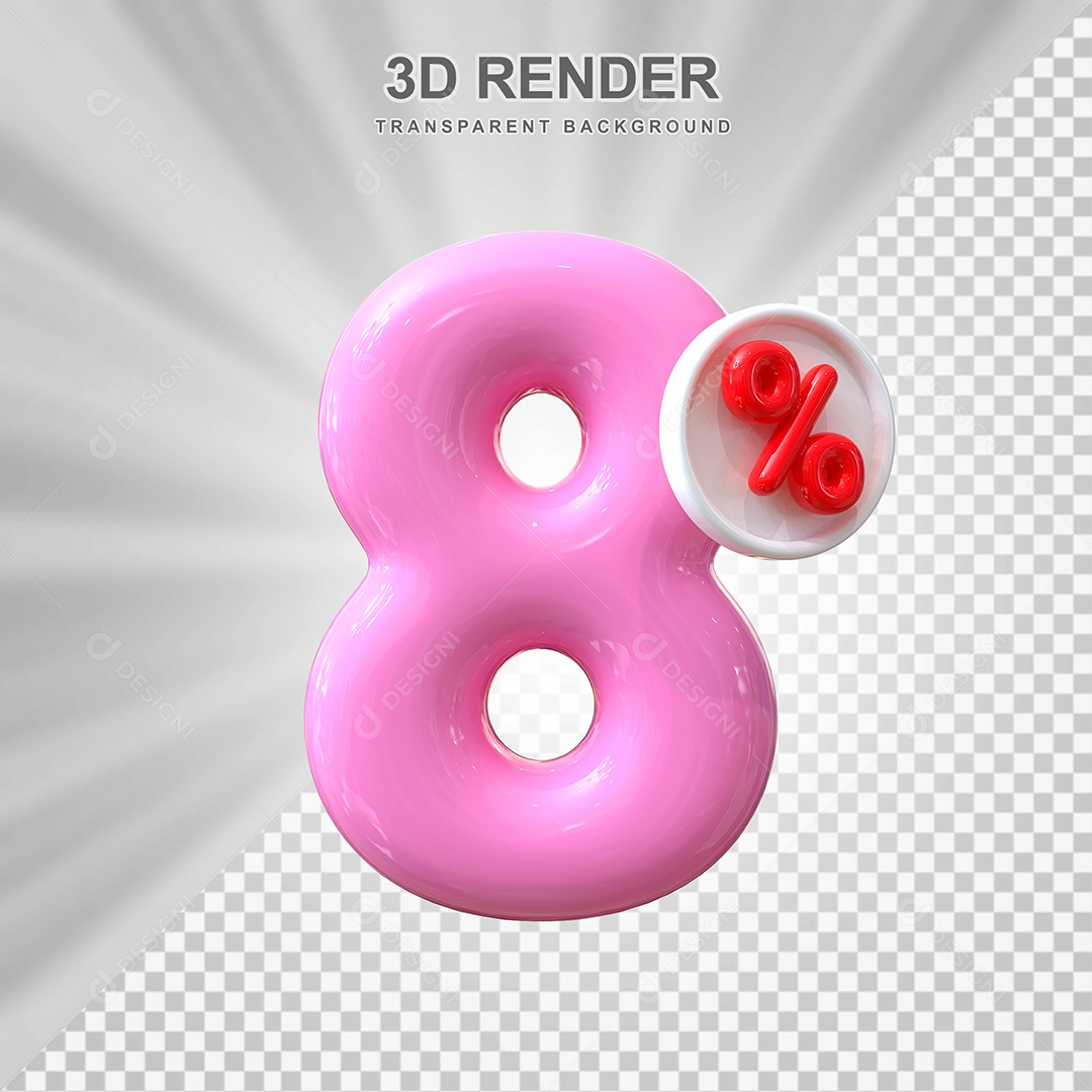 Número de Desconto 8% Elemento 3D Rosa para Composição PSD