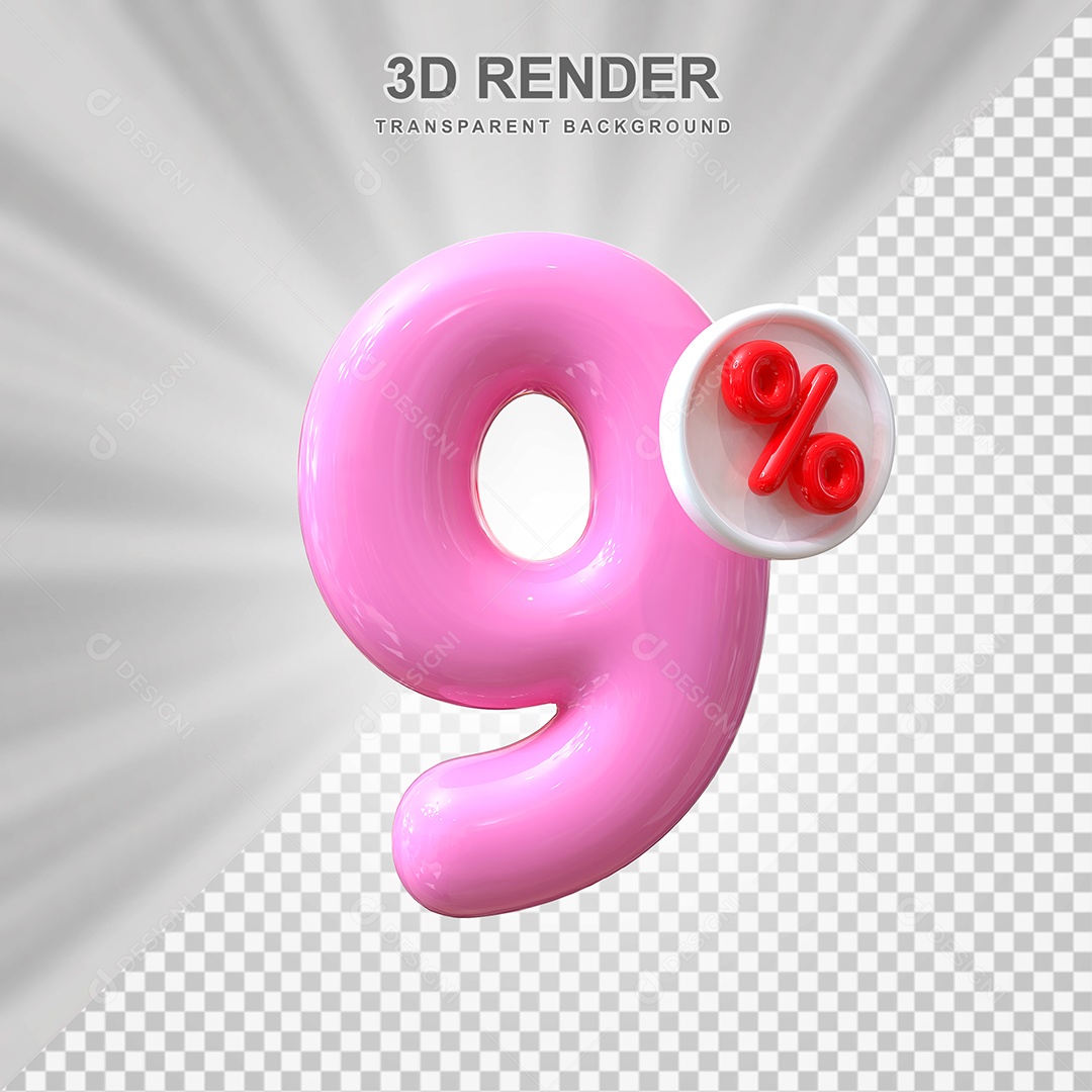 Número de Desconto 9% Elemento 3D Rosa para Composição PSD