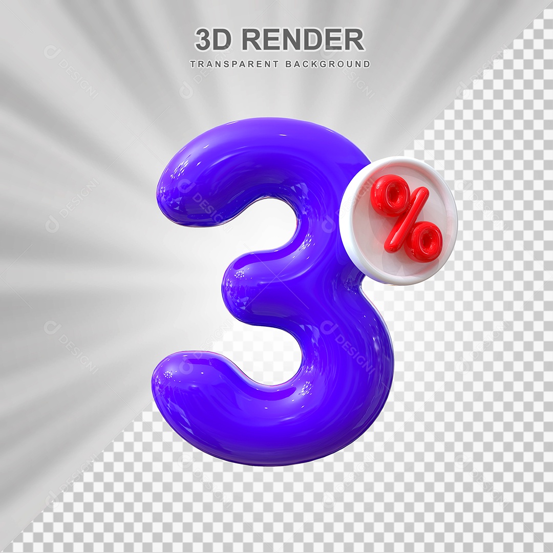 Número de Desconto 3% Elemento 3D Roxo para Composição PSD