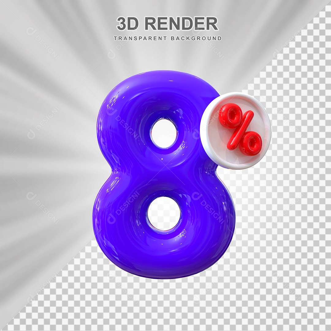Número de Desconto 8% Elemento 3D Roxo para Composição PSD
