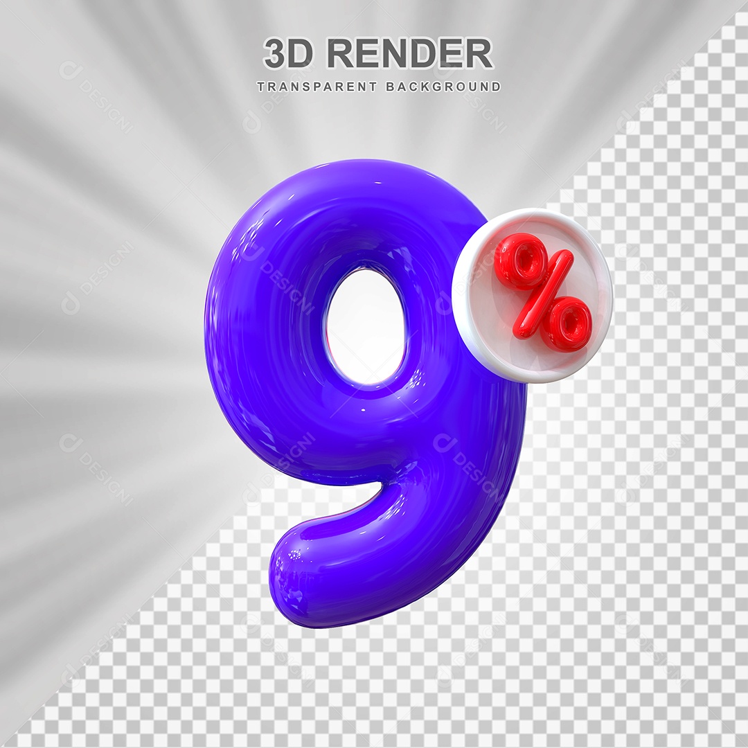 Número de Desconto 9% Elemento 3D Roxo para Composição PSD
