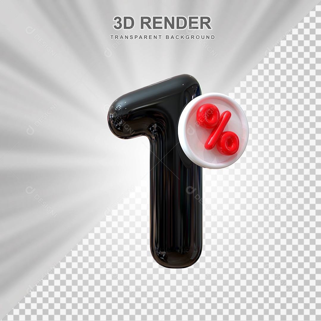 Número de Desconto 1% Elemento 3D Preto para Composição PSD