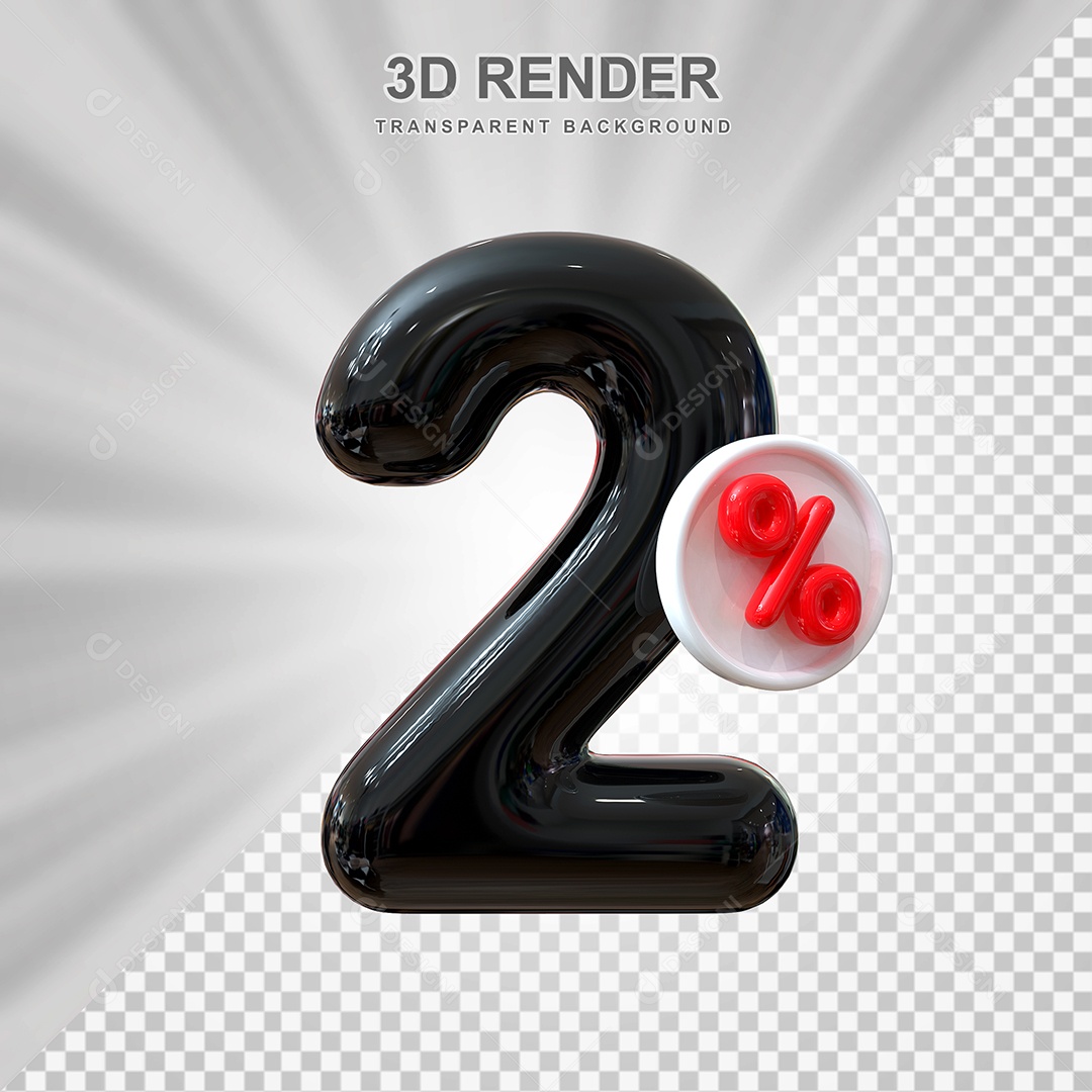 Número de Desconto 2% Elemento 3D Preto para Composição PSD