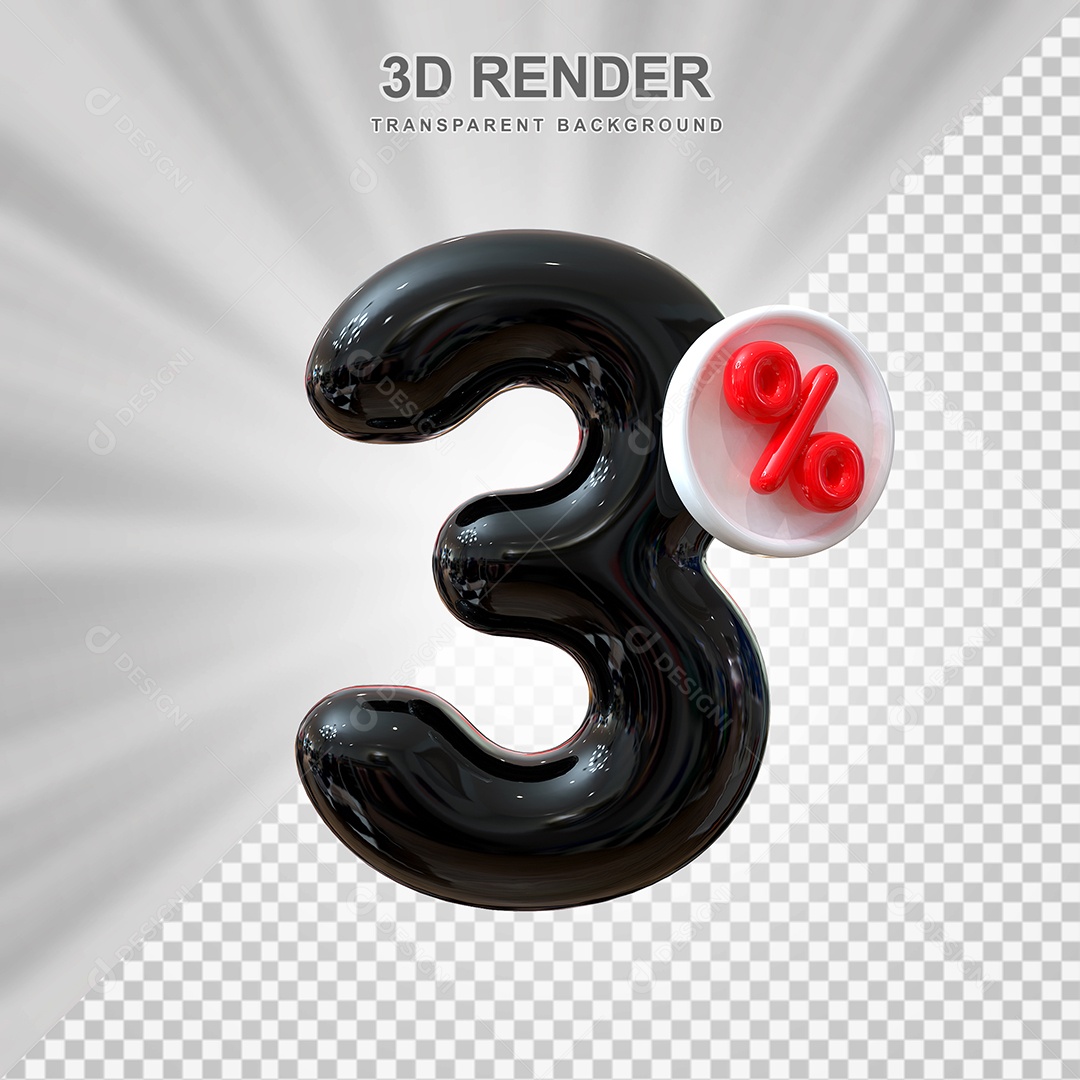 Número de Desconto 3% Elemento 3D Preto para Composição PSD