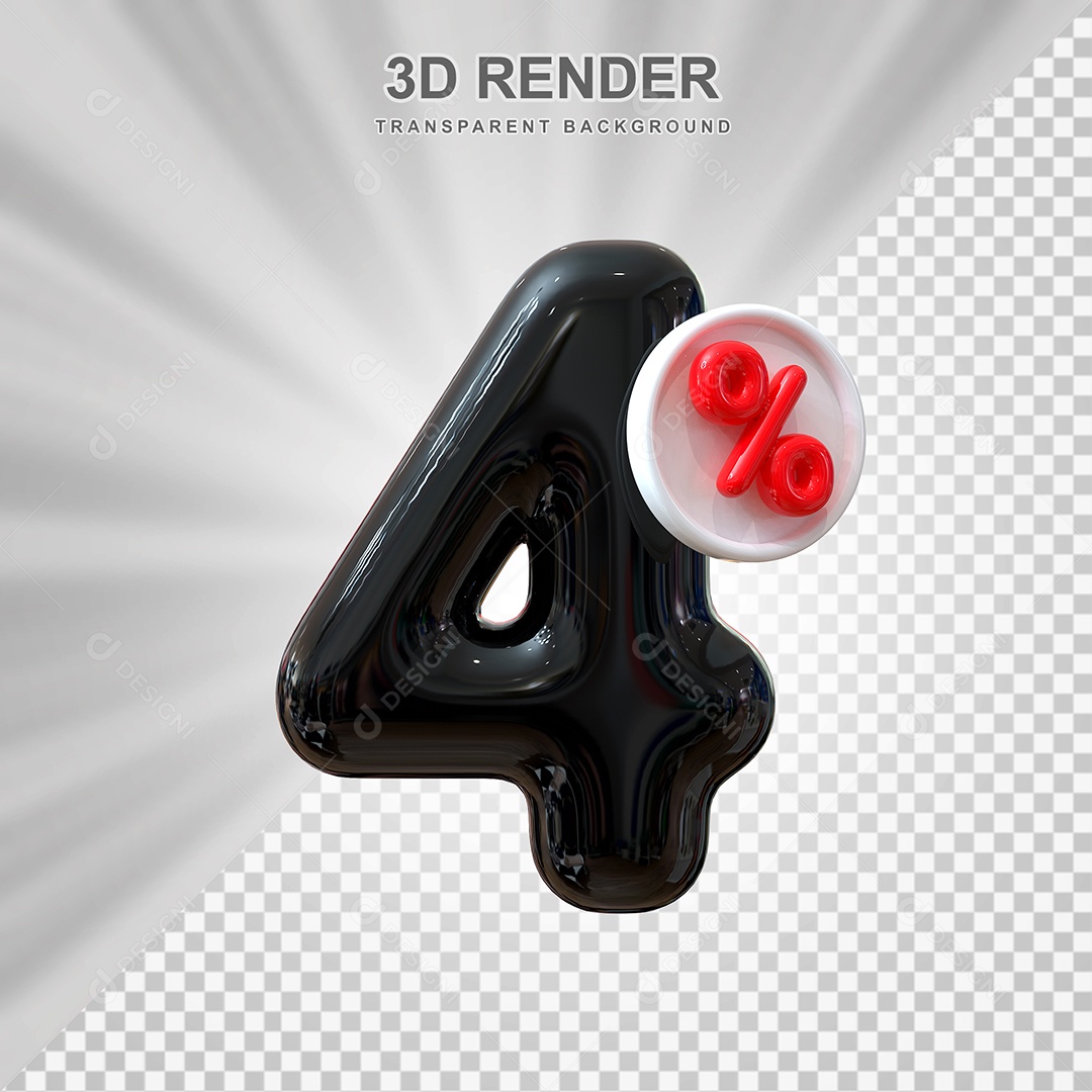 Número de Desconto 4% Elemento 3D Preto para Composição PSD