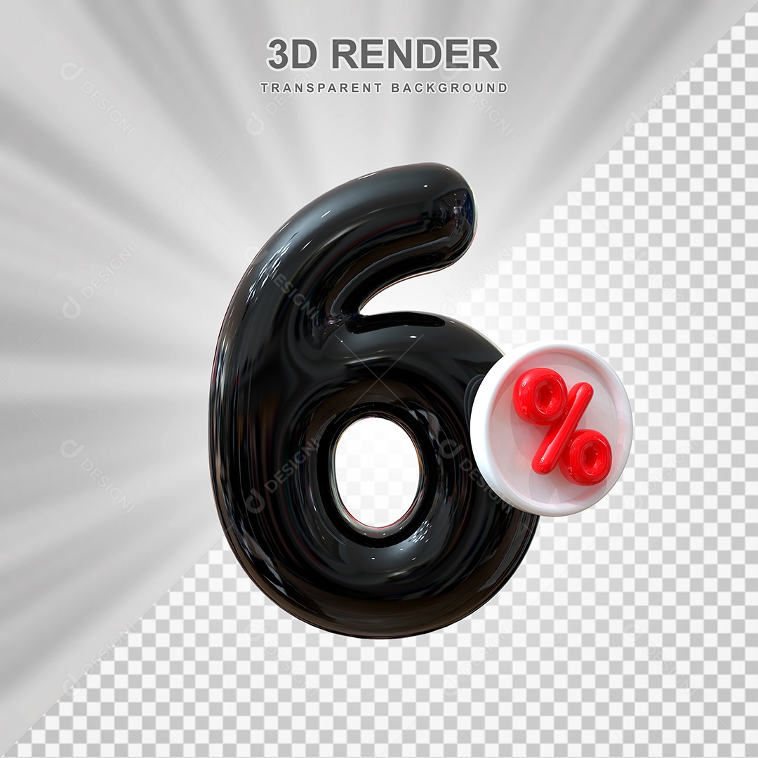 Número de Desconto 6% Elemento 3D Preto para Composição PSD