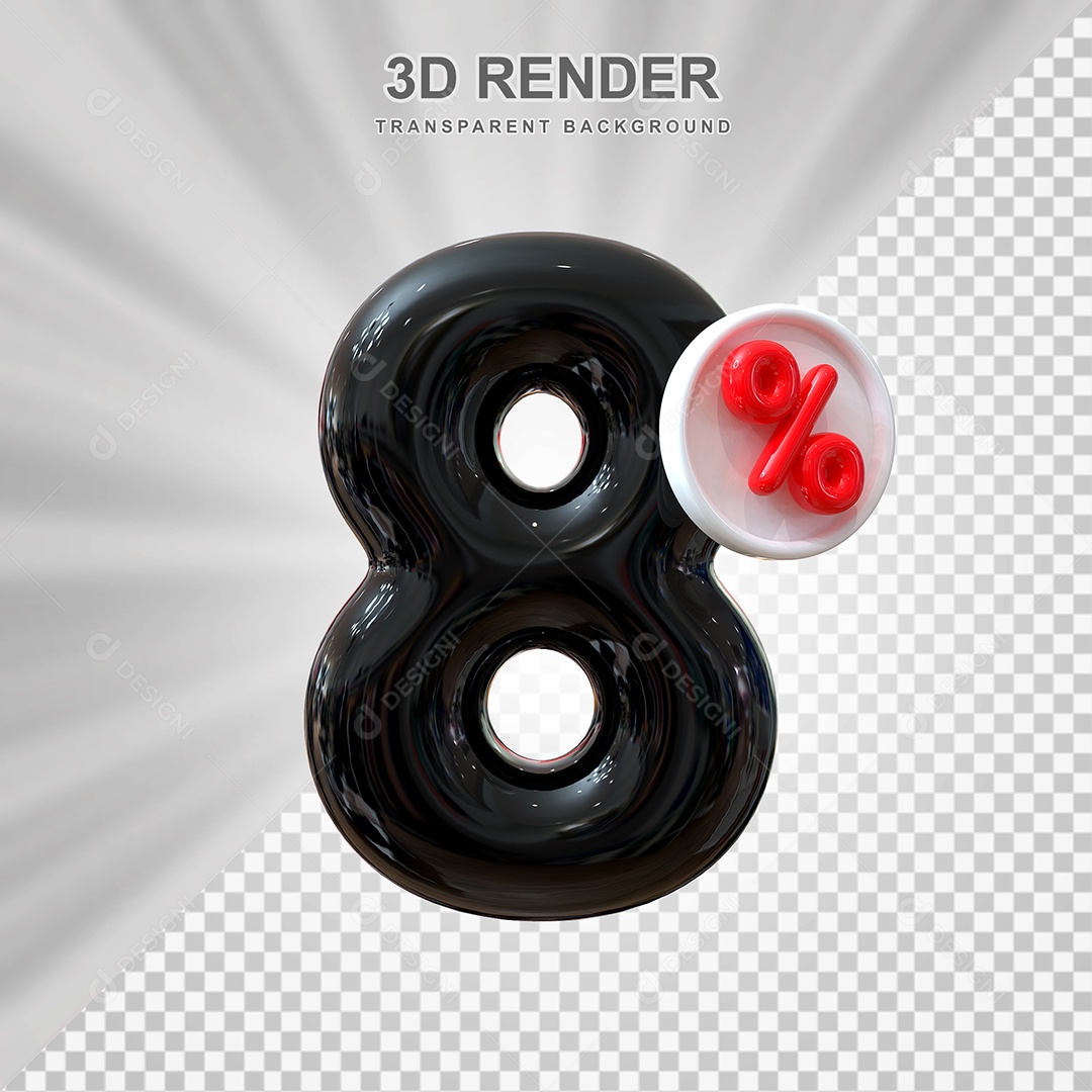 Número de Desconto 8% Elemento 3D Preto para Composição PSD