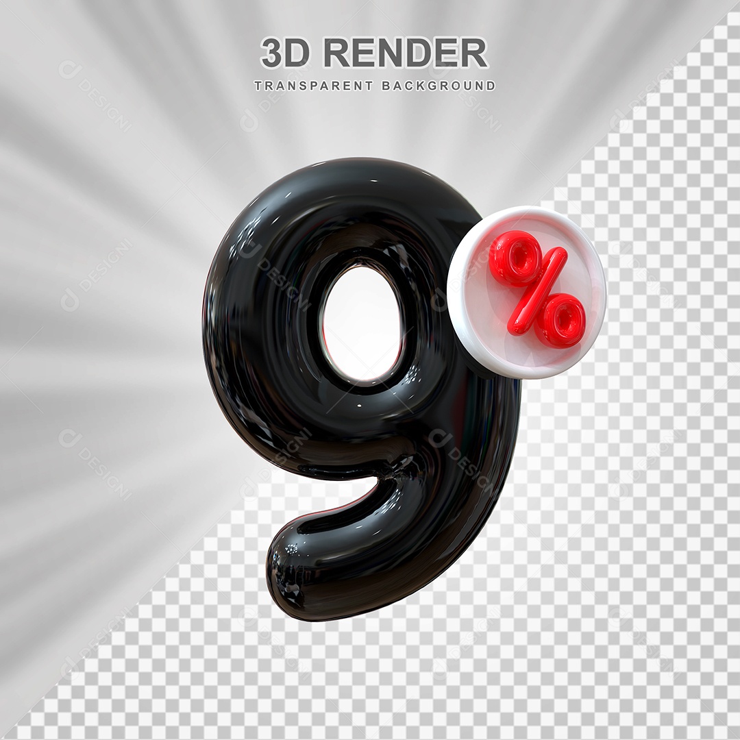 Número de Desconto 9% Elemento 3D Preto para Composição PSD