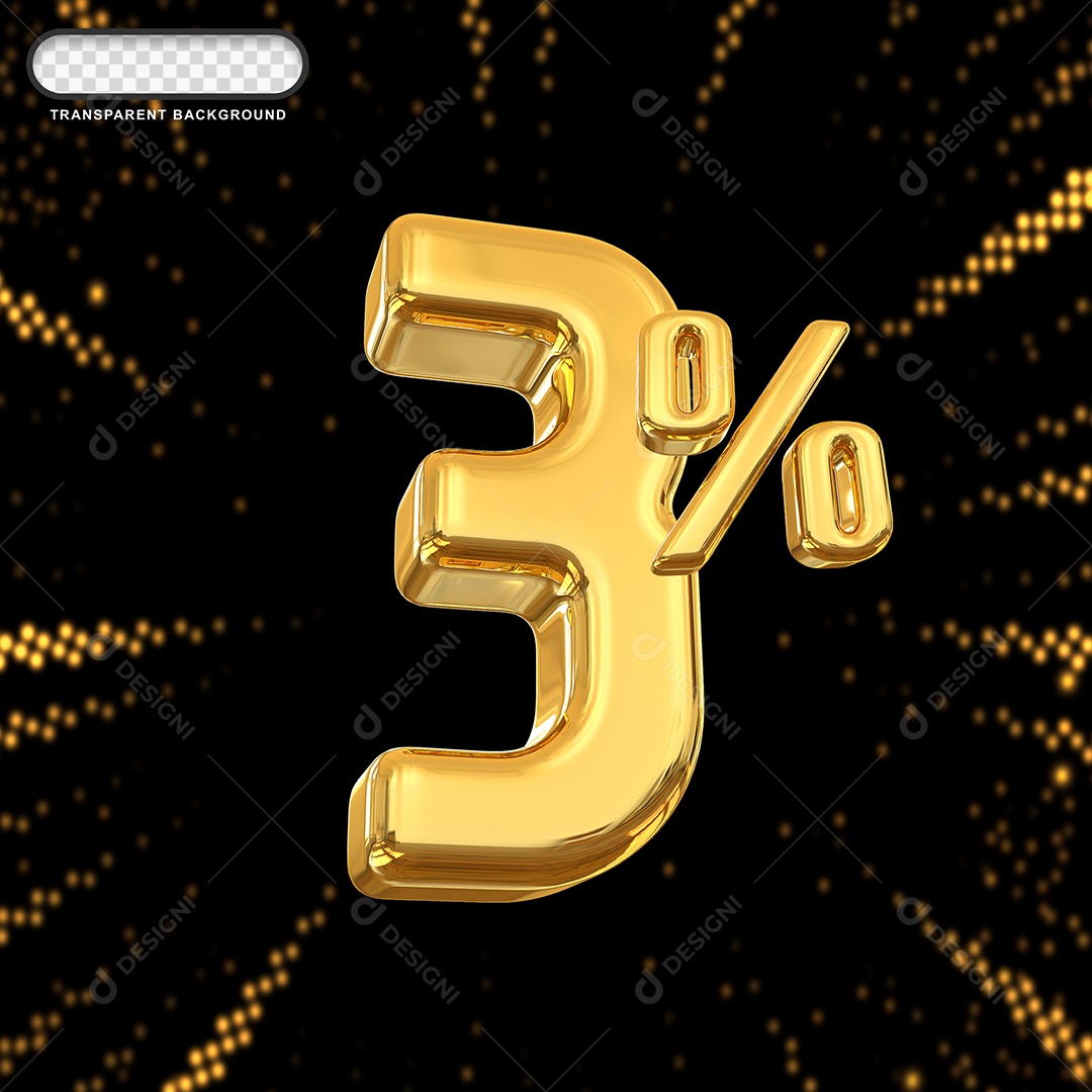 Número de Desconto 3% Elemento 3D Dourado para Composição PSD