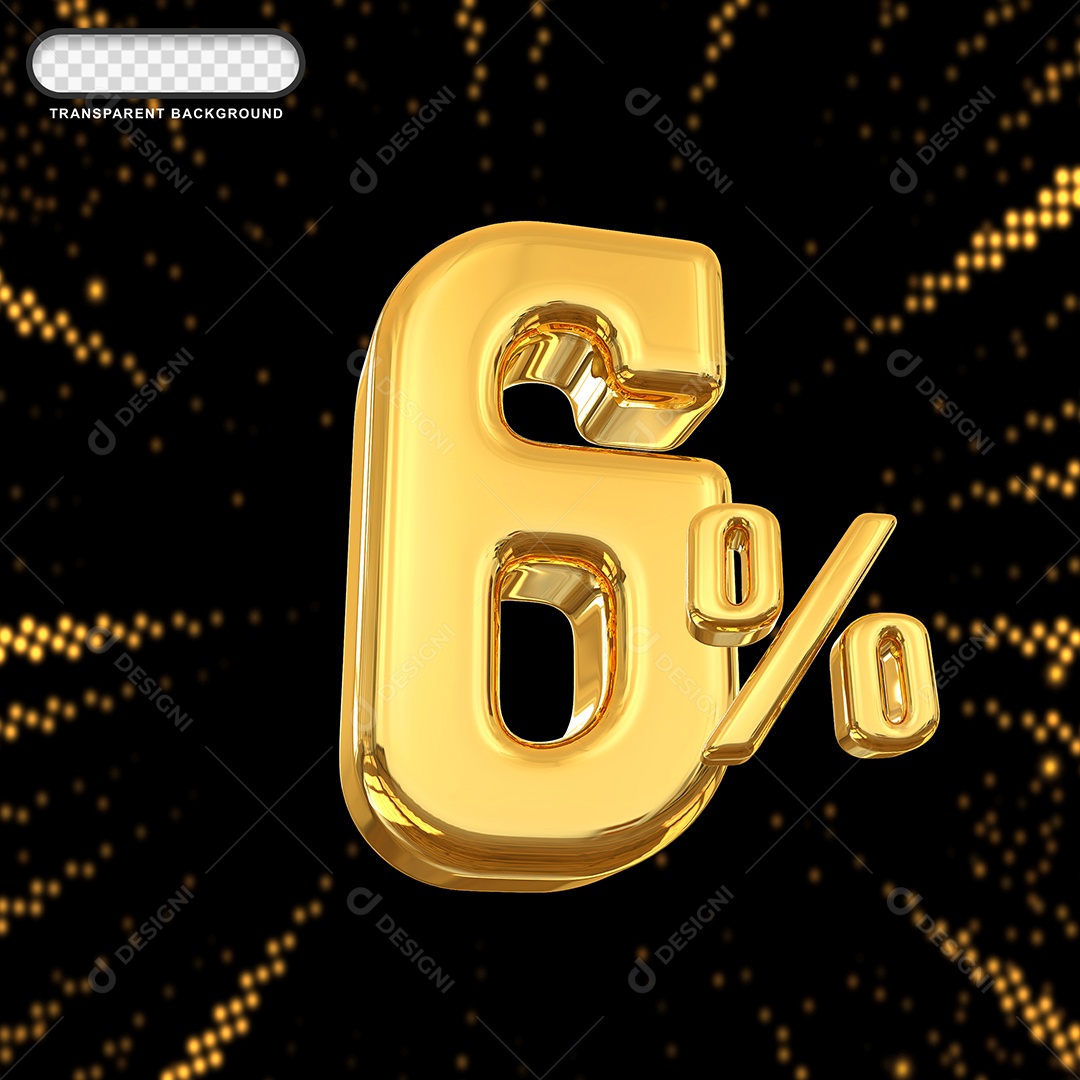Número de Desconto 6% Elemento 3D Dourado para Composição PSD
