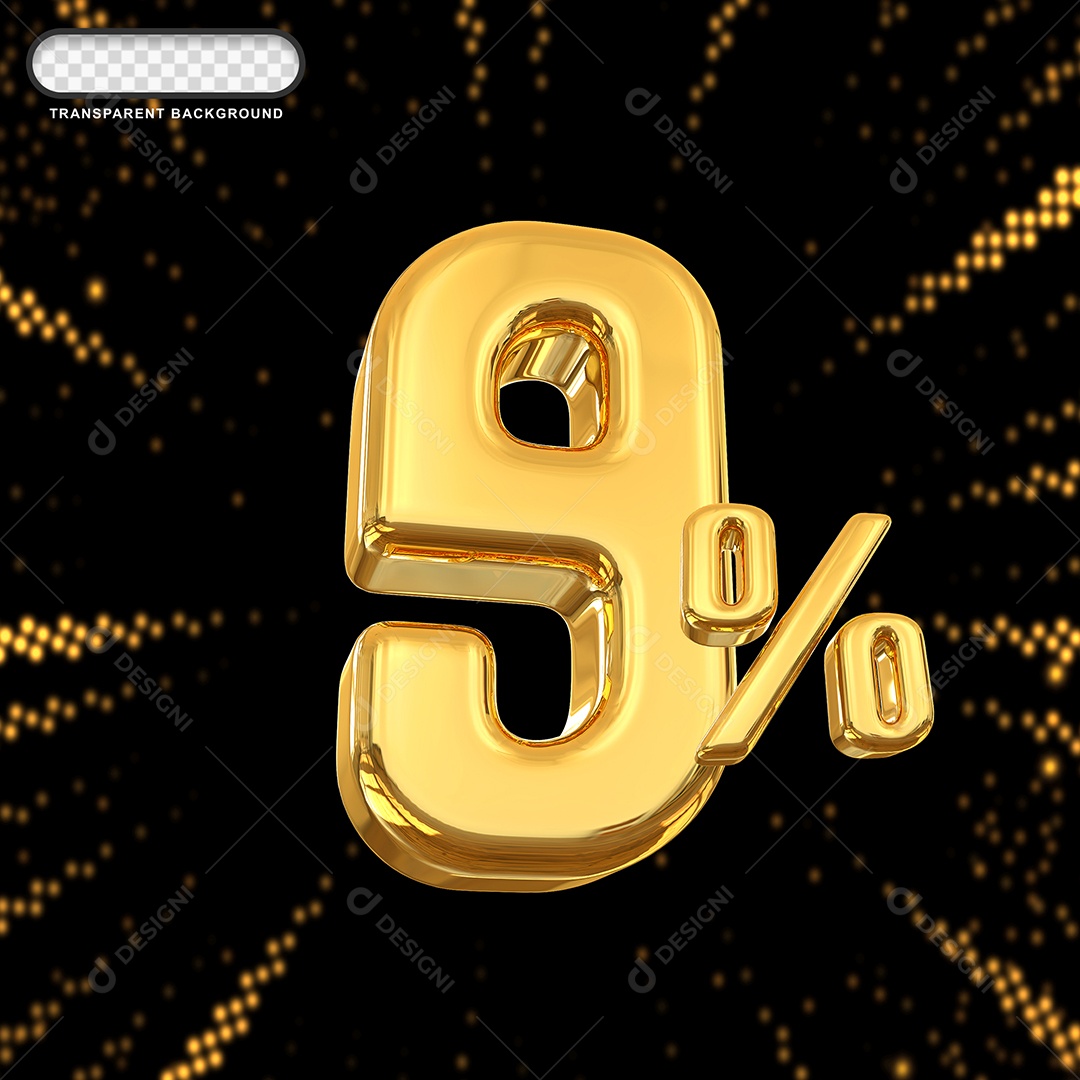 Número de Desconto 9% Elemento 3D Dourado para Composição PSD