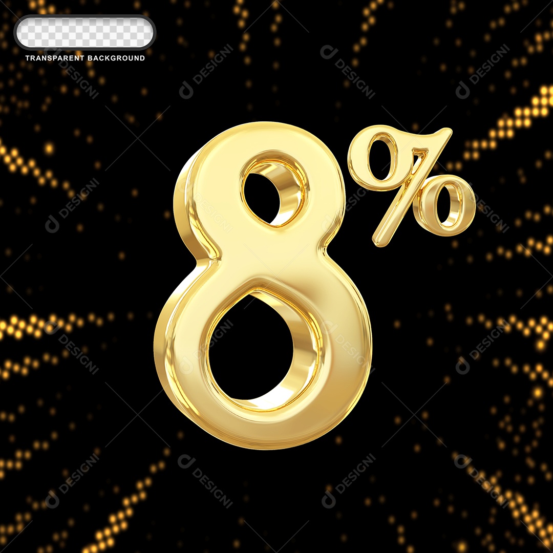 Número de Desconto 8% Elemento 3D Dourado para Composição PSD