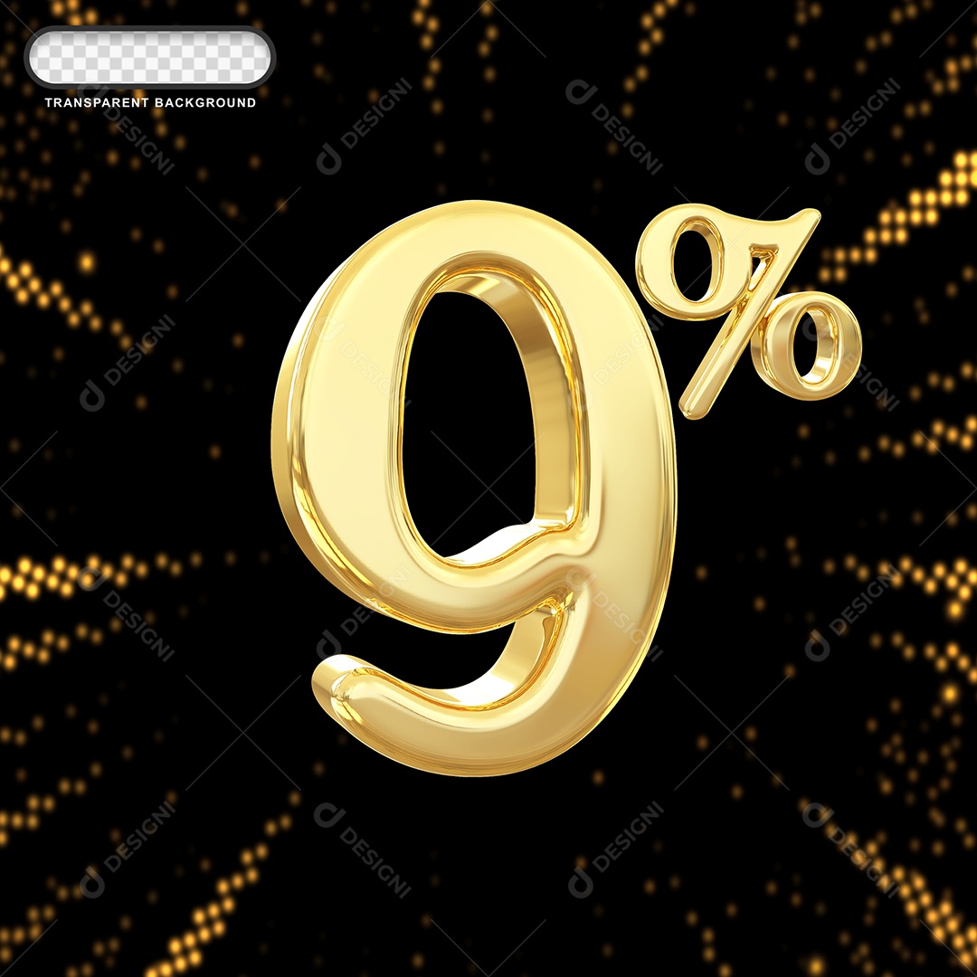 Número de Desconto 9% Elemento 3D Dourado para Composição PSD