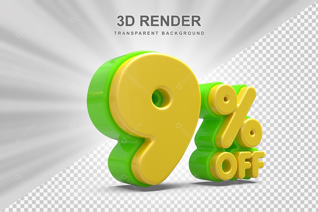 Número de Desconto 9% Elemento 3D Amarelo E Verde para Composição PSD