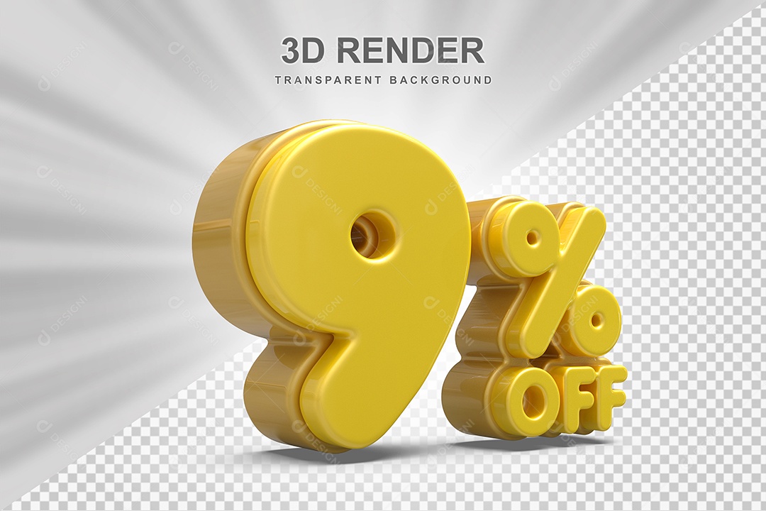 Número de Desconto 9% Elemento 3D Amarelo  para Composição PSD