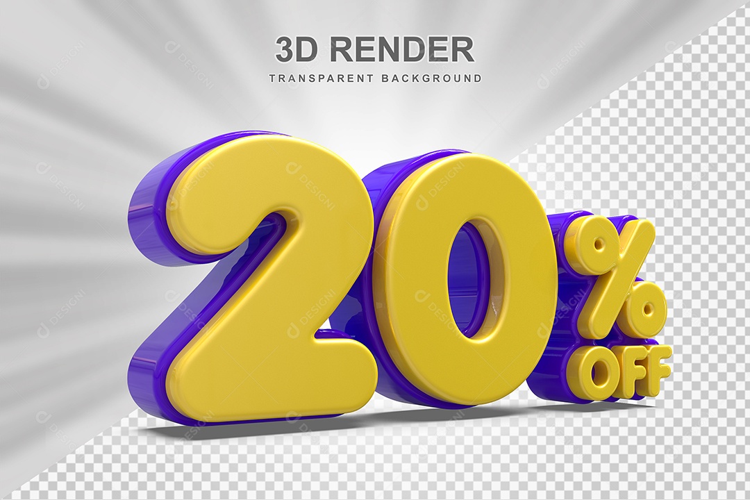 Número de Desconto 20% Elemento 3D Amareloe E Roxo para Composição PSD