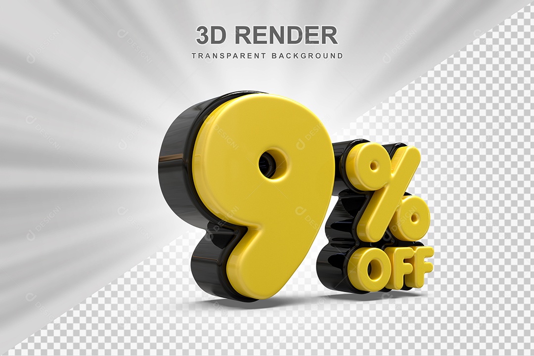 Número de Desconto 9% Elemento 3D Amarelo para Composição PSD