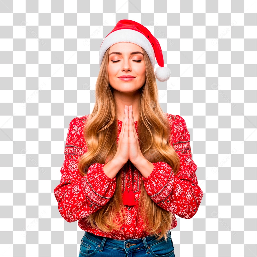 Mulher com Gorro de Papai Noel PNG Transparente