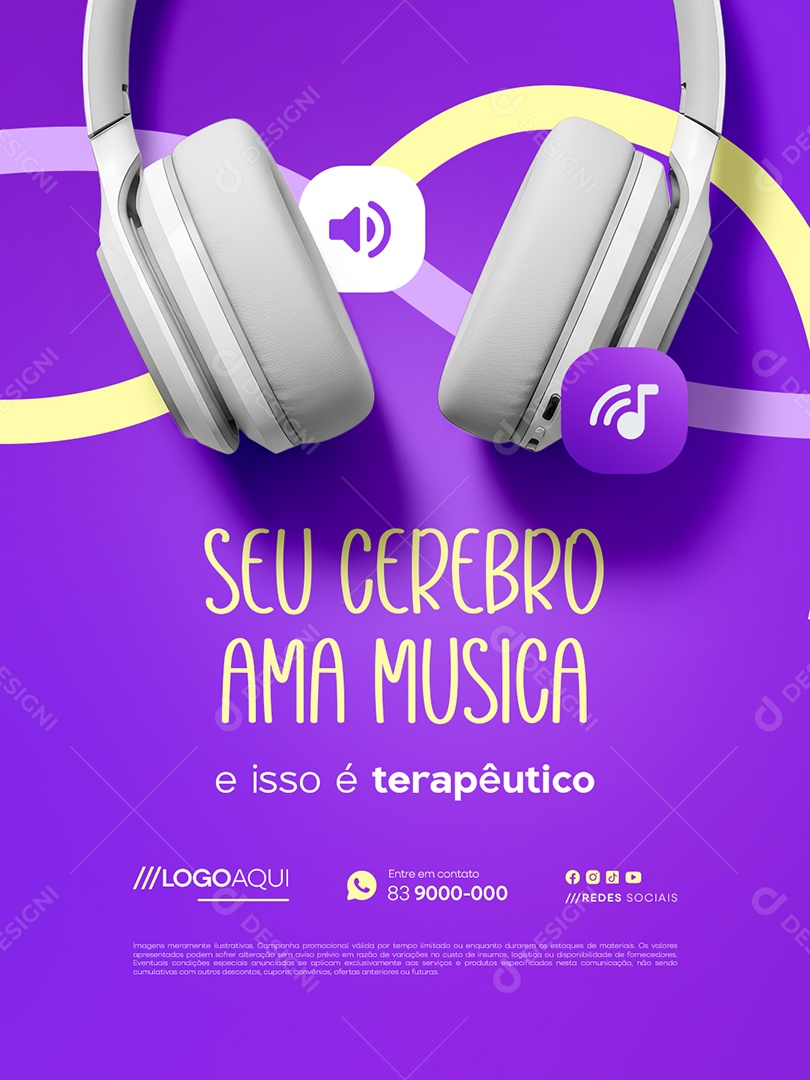 Musicoterapia Seu Cerebro Ama Música Social Media PSD Editável