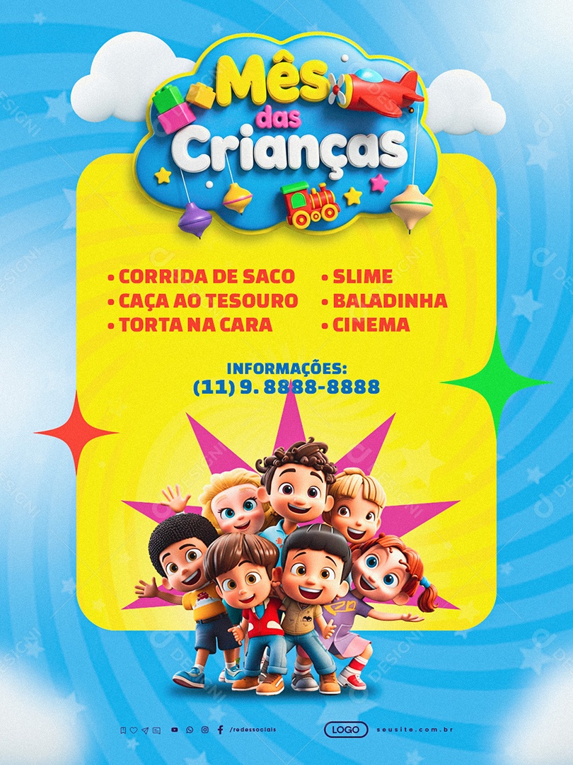 Arte Mês Das Crianças Com Personagens Infantis PSD Editável