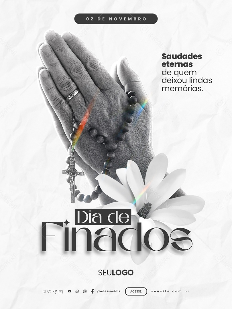 Social Media Dia de Finados Mãos em Oração Flor Branca PSD Editável