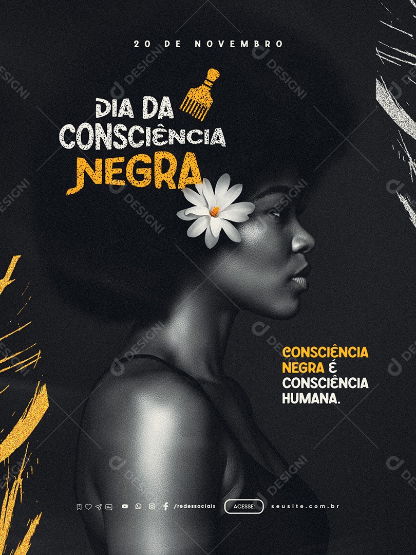 Social Media Dia da Consciência Negra Mulher Perfil Flor Dourada PSD Editável