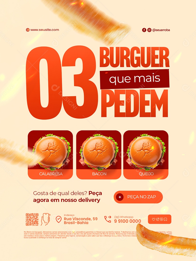 Lanchonete Três Burguer Que Mais Pedem Social Media PSD Editável