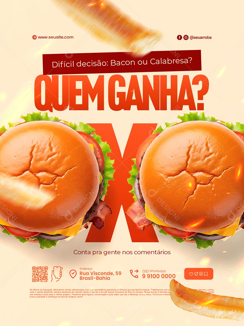 Lanchonete Difícil Decisão Bacon ou Calabresa Social Media PSD Editável