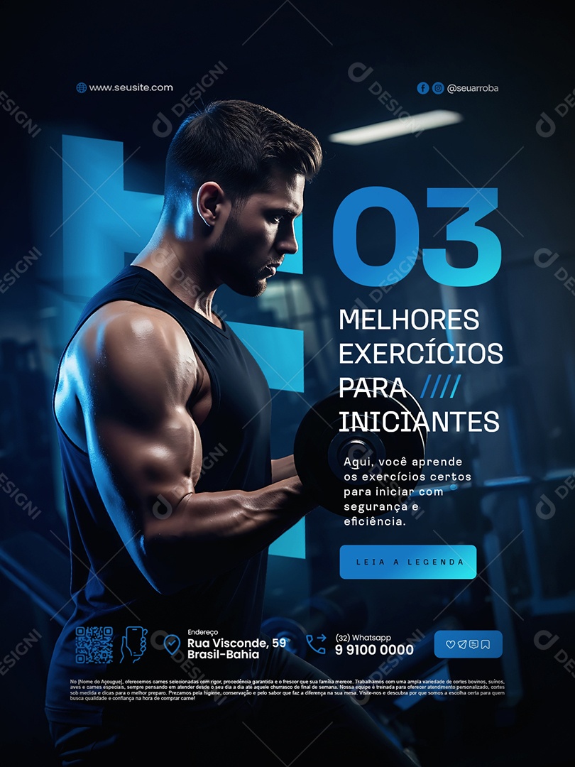 Academia Três Melhores Exercícios para Iniciantes Social Media PSD Editável