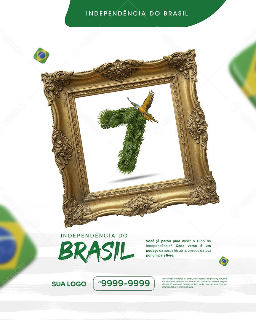 Social Media Independência do Brasil Quadro Número Sete Folhagem Arara Moldura Dourada PSD Editável
