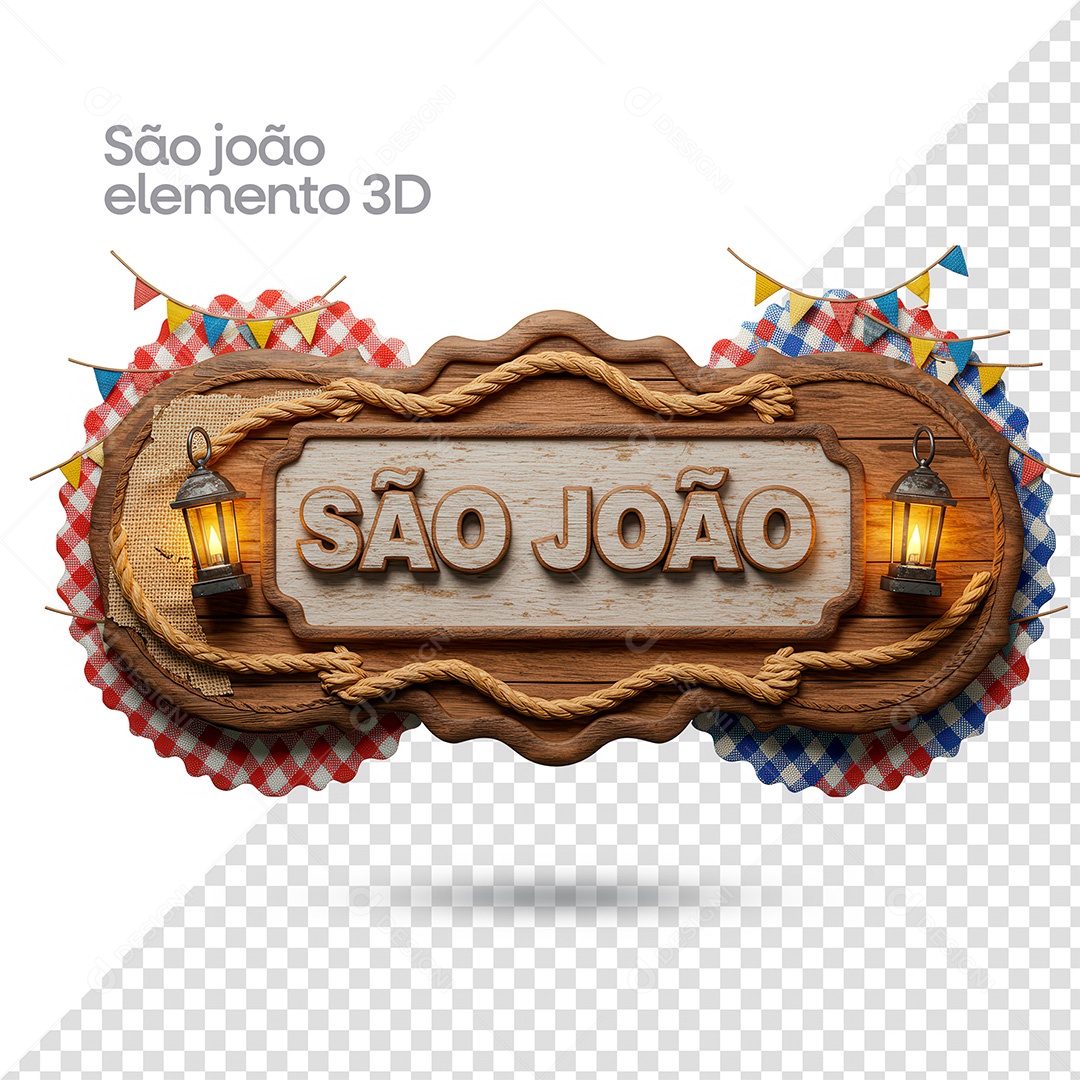 São João Elemento 3D Madeira Com Cordas e Bandeirinhas PSD