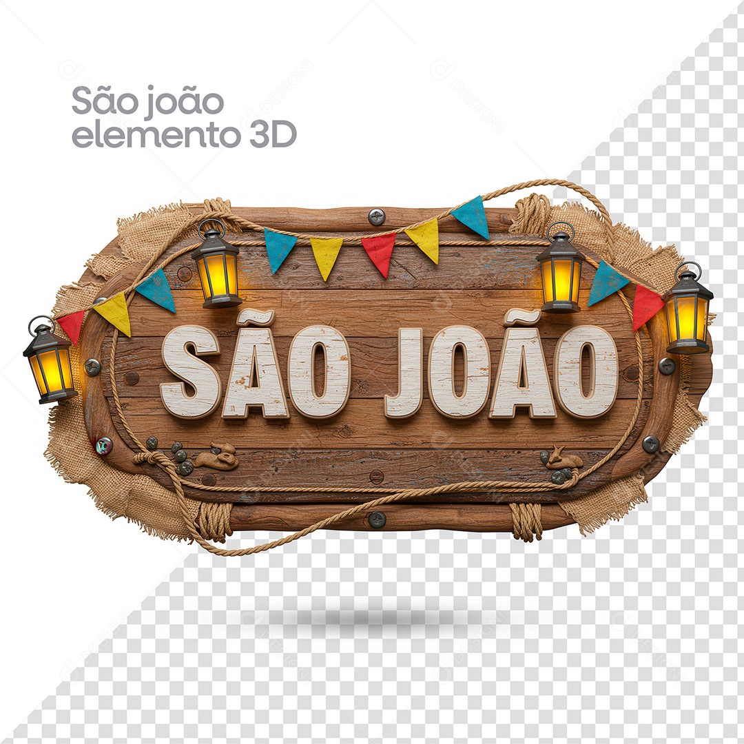 São João Elemento 3D Madeira Com Luminárias e Bandeirinhas PSD