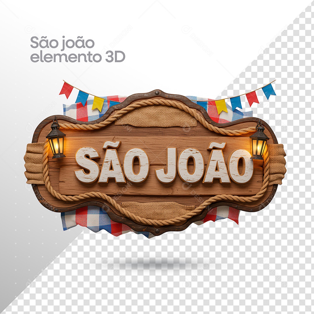 São João Elemento 3D Madeira Com Luminárias Cordas e Bandeirinhas PSD