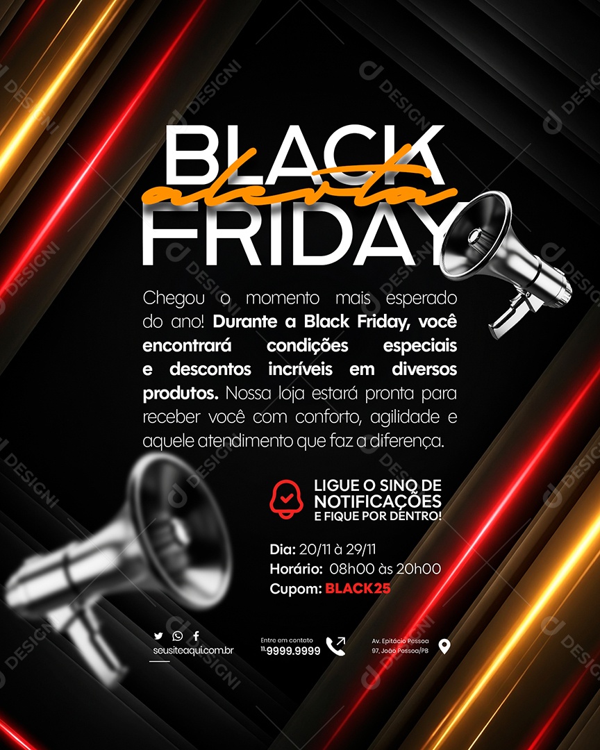 Black Friday Aberta Aviso Comunicado Social Media PSD Editável