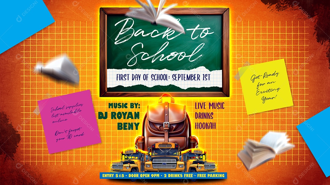 Banner Volta às Aulas Festa de Boas Vindas Música com DJ Royan Social Media PSD Editável