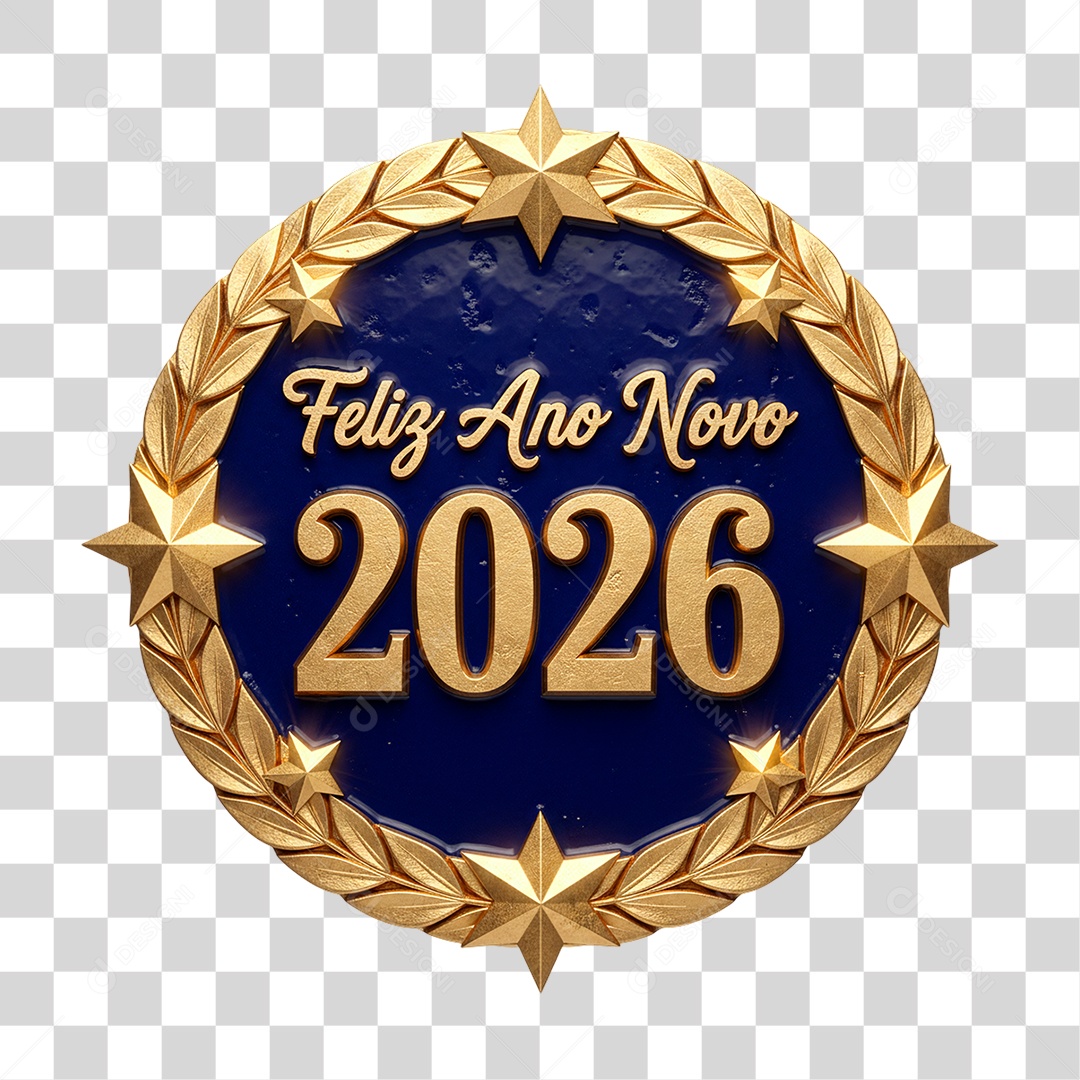 Selo 3D Feliz Ano Novo para Composição PNG Transparente