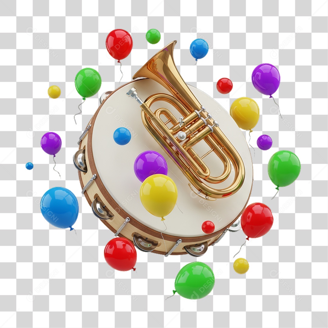 Pandeiro e Balões Decorações Enfeites para o Carnaval PNG Transparente