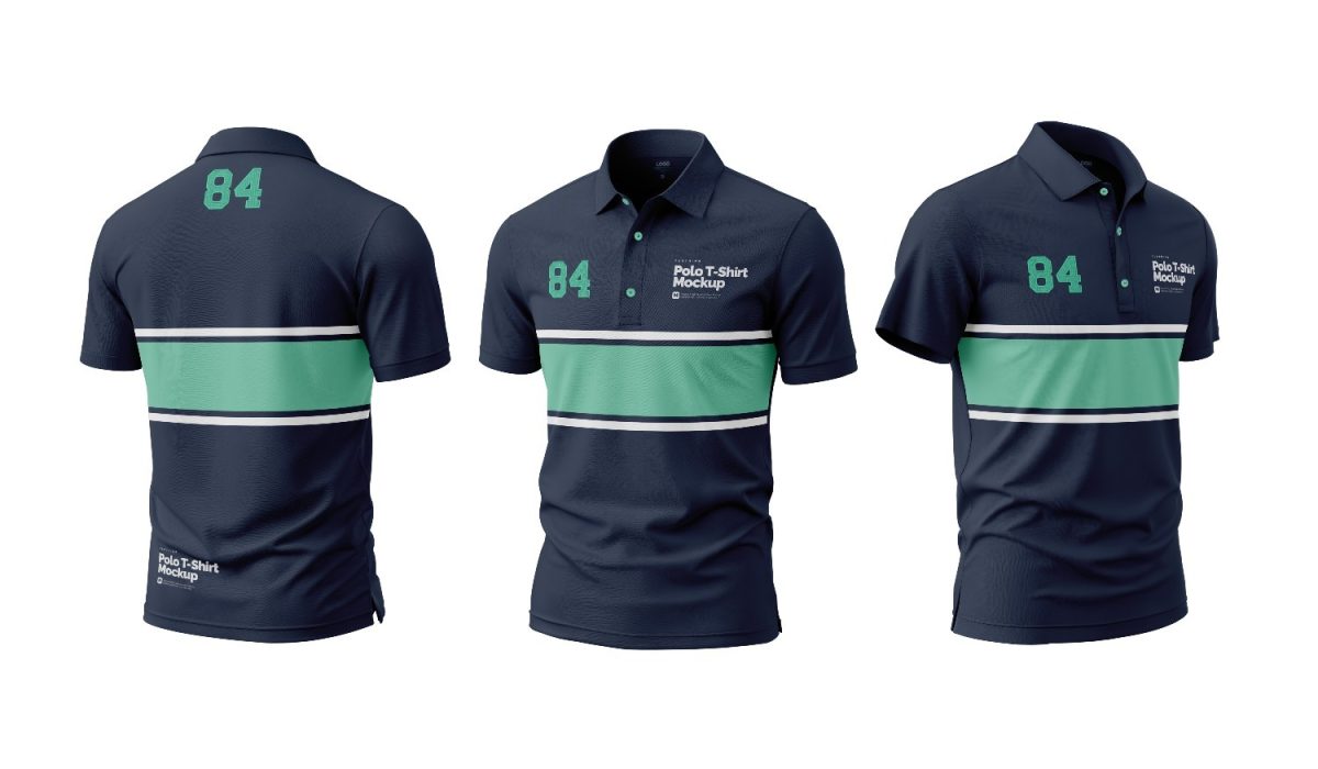 Polo T-Shirt Mockup Masculina Marinho e Verde com Detalhe PSD Editável