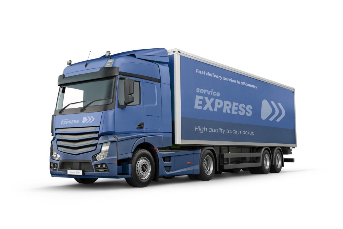 Caminhão Azul Mockup Service Express Alta Qualidade PSD Editável