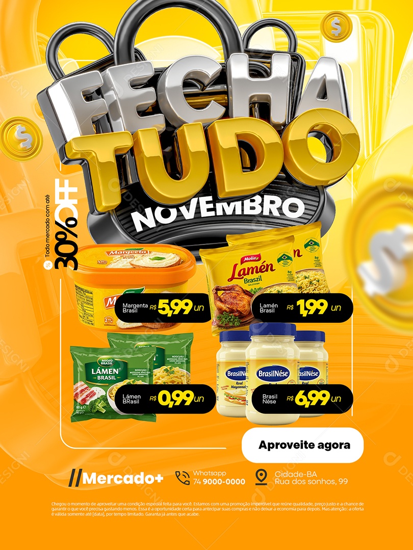 Fecha Tudo Novembro Supermercado Encarte Mantegia Miojo e Maionese Social Media PSD Editável