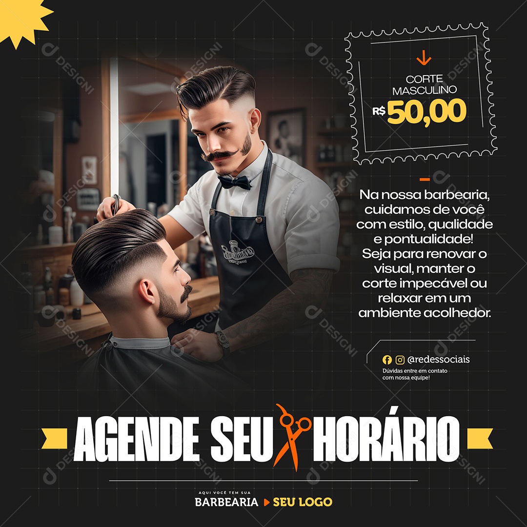 Barbearia Agende Sue Horário Social Media PSD Editável