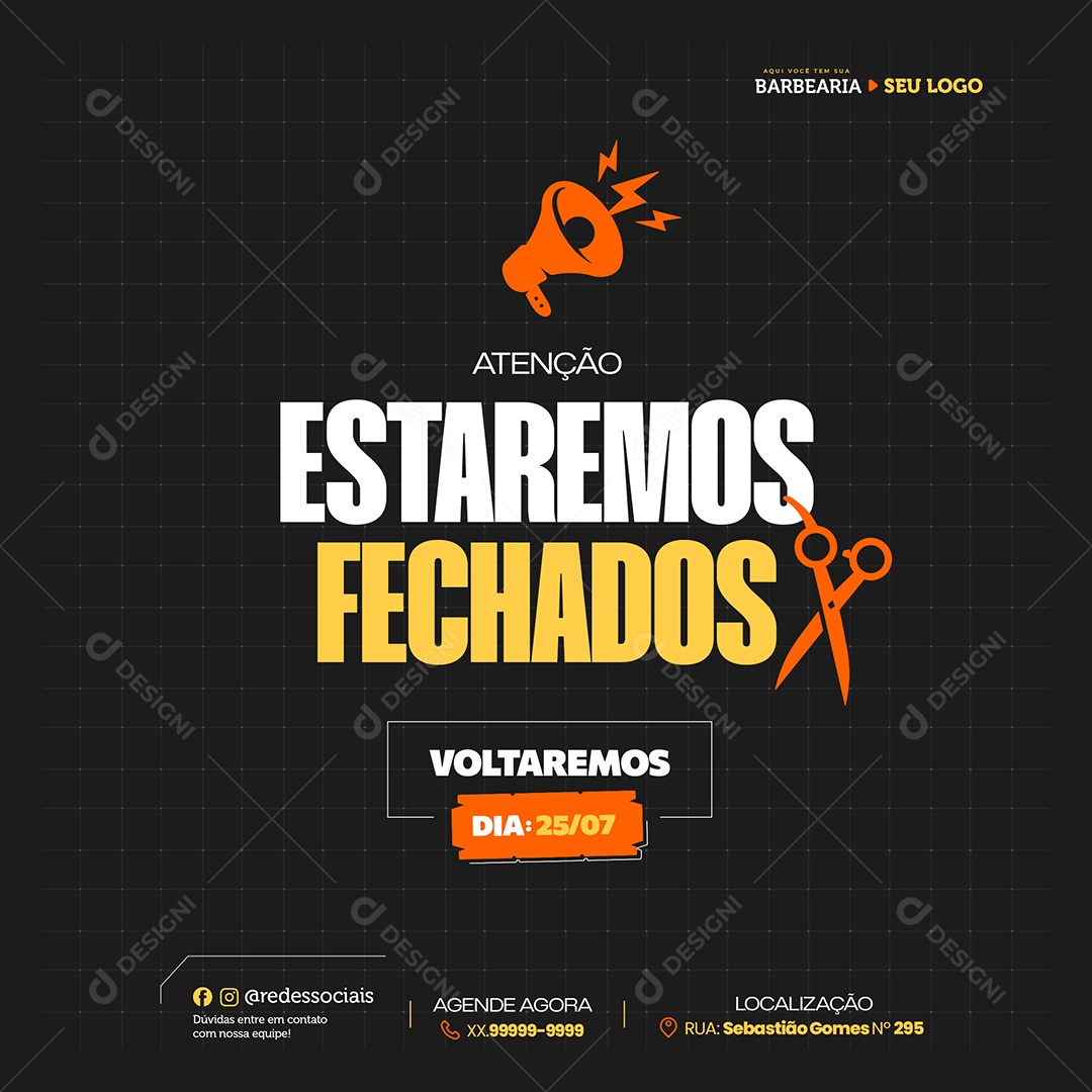 Barbearia Estamos Fechados Social Media PSD Editável