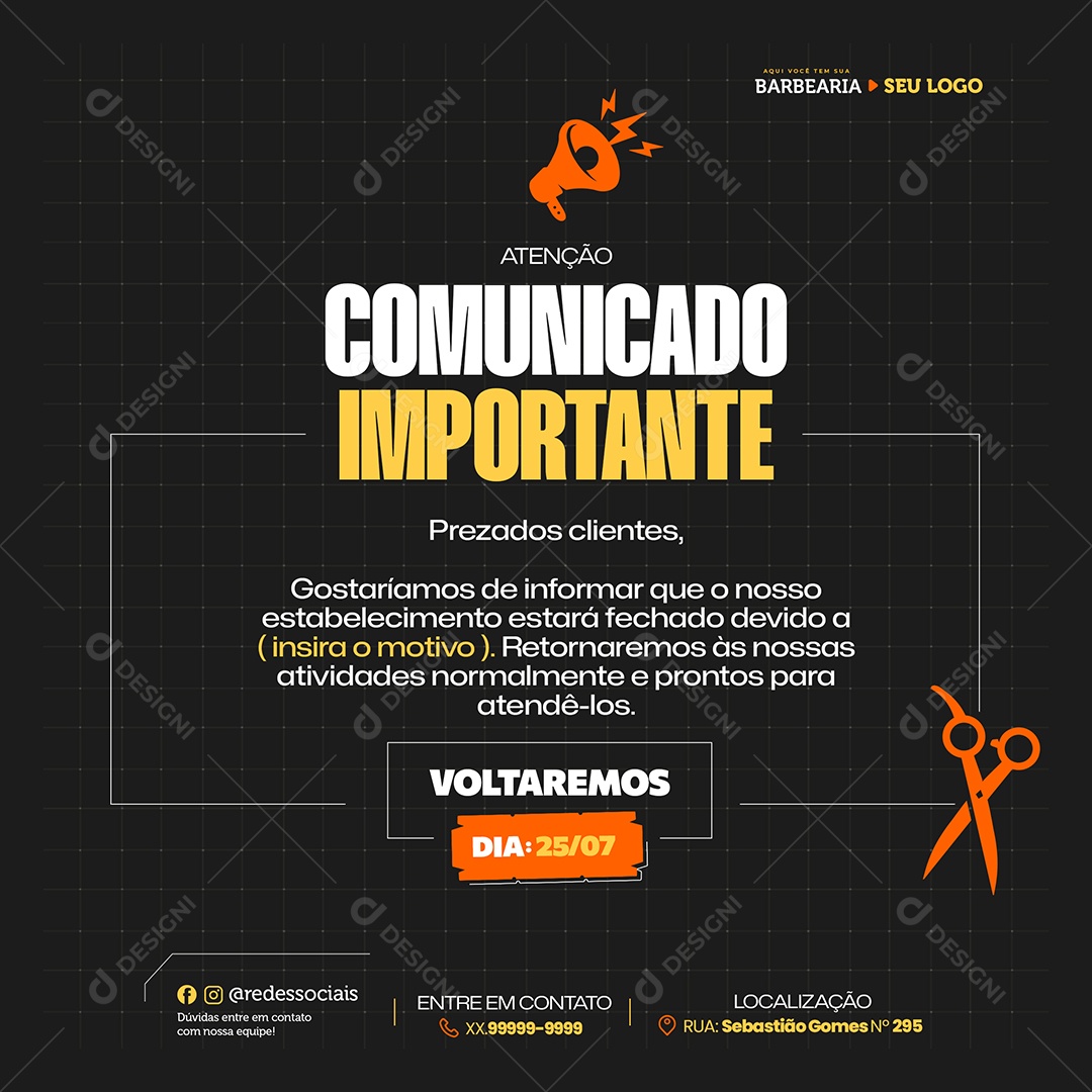 Barbearia Comunicado Importante Social Media PSD Editável