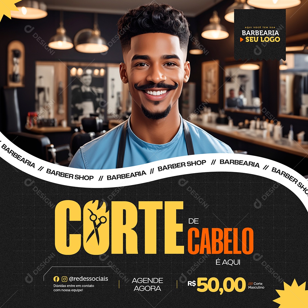 Barbearia Corte de Cabelo e Aqui Social Media PSD Editável